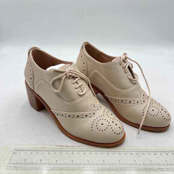 FOWT Beige Perforated Lace-Up Oxfords Almond Toe Mid Chunky Heel Brogues Shoes - Picture 4 of 8